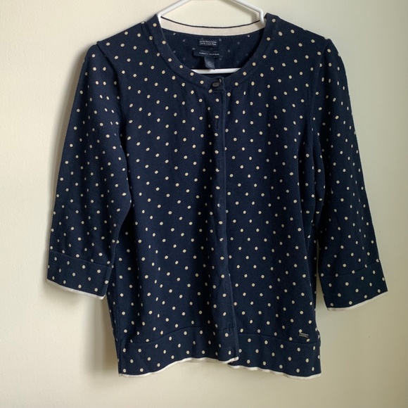 Tommy Hilfiger Navy and Beige Polka Dot Ivory Edges Cardigan Size Large (GUC) - Picture 1 of 10